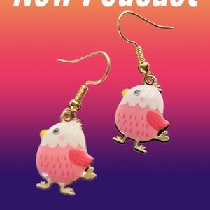 Gold Hook Cute White & Pink Bird Dangle Earrings
